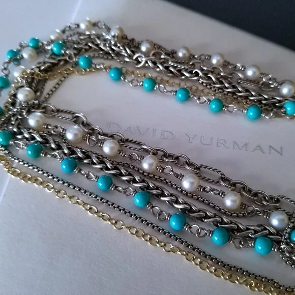 SOLD - DAVID YURMAN *RARE* 18K Gold Turquoise Pearl Necklace - Pristine! $2150 - Picture 6 of 13